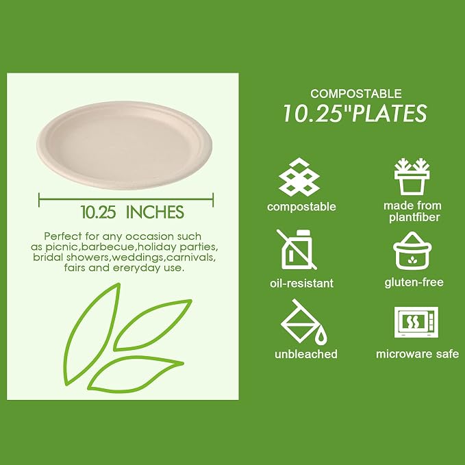 Vplus 150 Pack Compostable Disposable Paper Plates 10 inch Super Strong 100% - Image 3