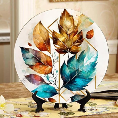 Floral Leaves Plant Ceramic Display Plate 10-inch Round, Home Decor with Stand & Hook DP-208374381