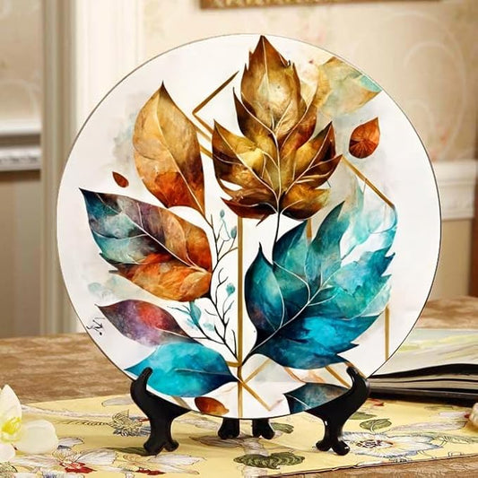 Floral Leaves Plant Ceramic Display Plate 10-inch Round, Home Decor with Stand & Hook DP-208374381