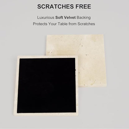 Square Travertine Coasters Set of 6, Porous Natural Stone Absorbent Coaster with Velvet Backing for Table Protection, Rustic Beige Marble Coasters for Home Table Decor, 4 Inches