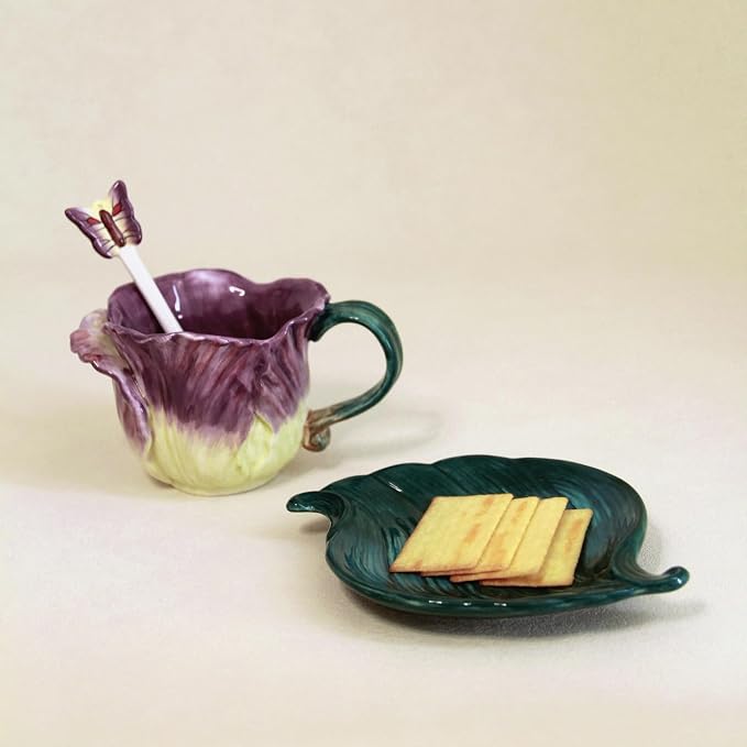Ceramic Tea Cup and Saucer Set ，6OZ 3D Hand-Painted Flower and Lotus Leaf - Image 3