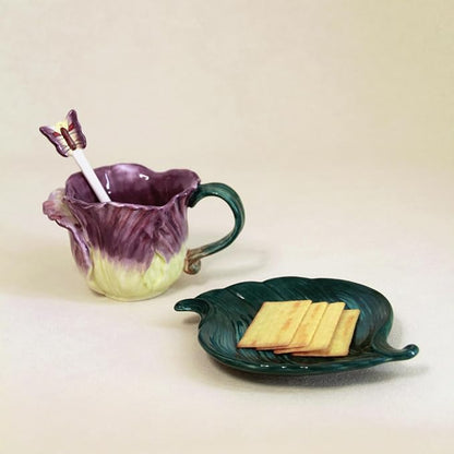 Ceramic Tea Cup and Saucer Set ，6OZ 3D Hand-Painted Flower and Lotus Leaf - Image 3
