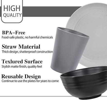 LIYH 16 Pcs Plastic Wheat Straw Dinnerware Sets for 4 - Plates and Bowls Sets Reusable Tableware Dish Set for 4 Include Wheat Straw Plates Bowls Cups Microwave Dishwasher Safe