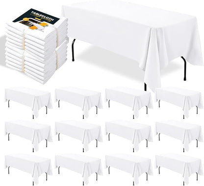 BIGTONE 12 Pack White Rectangle Tablecloth 60 x 102 Inch, Cross Ribbon Packing Reusable Table Clothes for 6 Foot Tables, Wrinkle Resistant Polyester Fabric Table Cover for Wedding, Party, Banquet