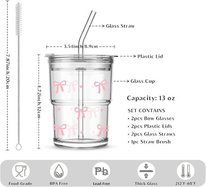 INSETLAN 13 oz Bow Decal Glass Tumblers Set of 2, Thick Wall Glass Cups - Image 3