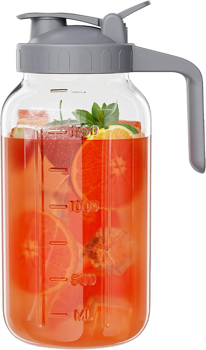 Glass Pitcher with lid, 64 oz Wide Mouth Mason Jar | Dual leak-proof lid by Junvpic