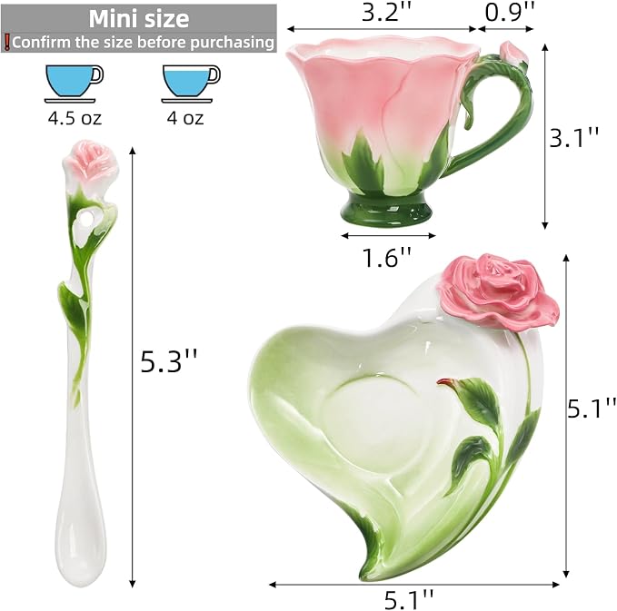 Cididu Pink Tea Cups with Saucer and Spoon, 4.5 Oz Small Ceramic Rose Flower - Image 2