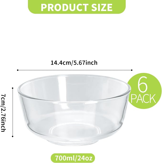 6Pcs 24oz Glass Cereal Bowls, Glass Salad Bowls | Thickened, Large Size - Image 2