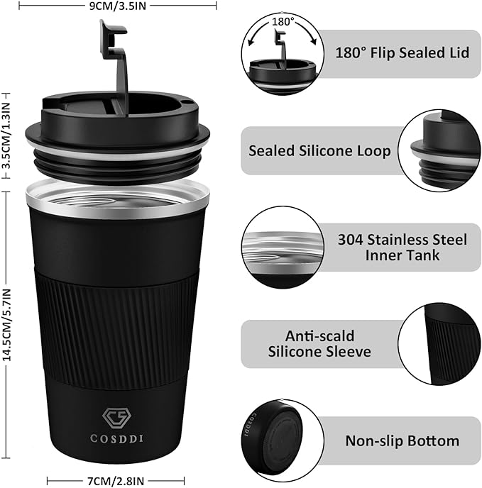 CS COSDDI 12 oz Stainless Steel Insulated Coffee Tumbler, Spill Proof Travel Mug - Image 2