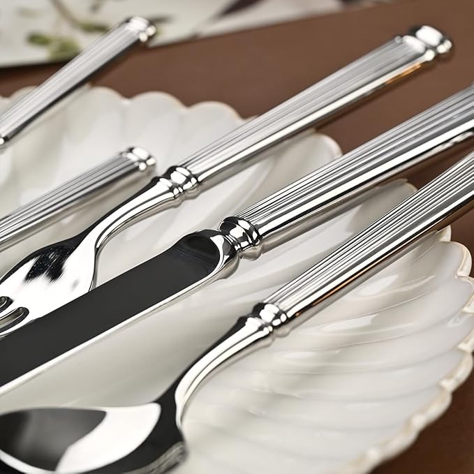 Gold Silverware Set for 8 Flatware Set 32 Pieces Luxury Tableware Set Roman Column Handle Knives and Forks spoons 18/10 Stainless Steel Cutlery Utensil Sets for Home Restaurant Dishwasher Safe