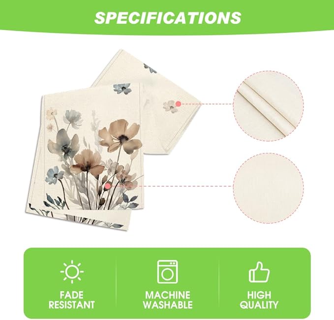 Artoid Mode Brown Poppy Floral Leaves Spring Table Runner, Seasonal Summer Kitchen Dining Table Decoration for Home Party Decor 13x48 Inch