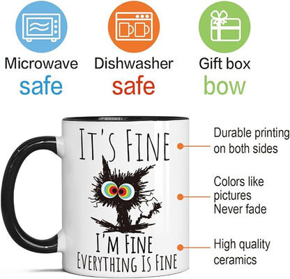 FALJIOK I'm Fine Everything is Fine Coffee Mug 11oz Funny Sarcastic Cat Mug - Image 3