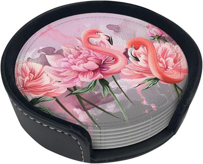 6 Pcs Pink Cute Flamingo Modern Art Boho Leather Coasters - Image 5