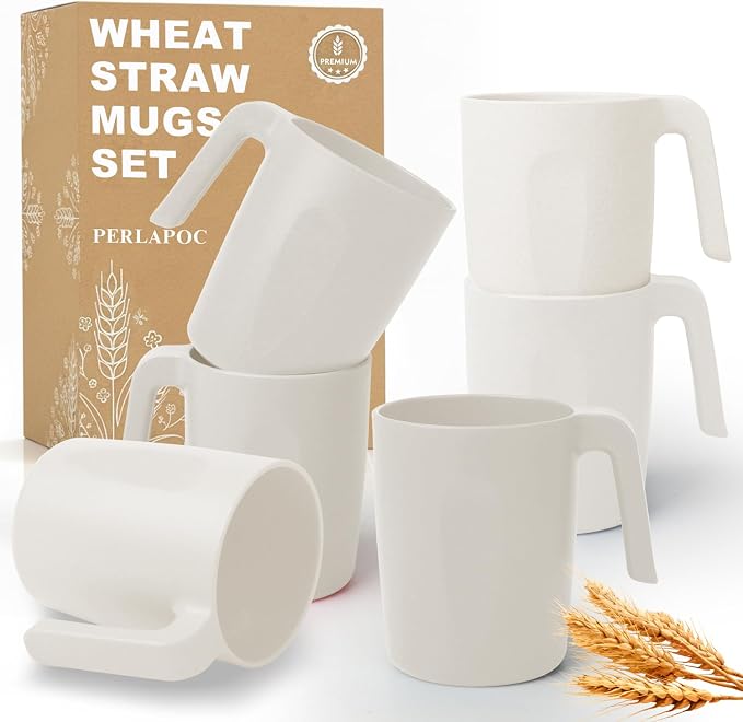 Wheat Straw Coffee Mugs Set of 6, Unbreakable 16 OZ Reusable Coffee Cups by Perlapoc