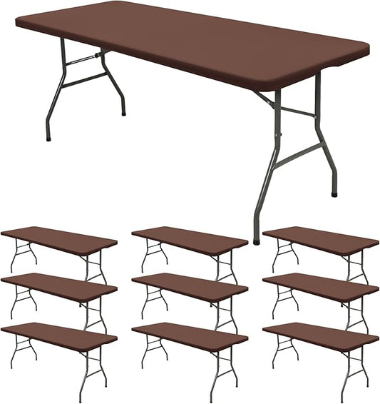 10 Pack Fitted Tablecloth for 8 Foot Rectangle Tables, Coffee Elastic Outdoor Picnic Table Cover, Washable Stretch Folding Table Cloths 8 ft for Camping Party Patio Kitchen Banquet, 30" W x 96" L