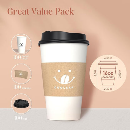 Coffee Cups with Lids and Sleeves, 16 Ounce 100 pack To Go Coffee Cups with Lids, Disposable Hot Coffee Paper Cups Bulk for Hot Beverage (16 Ounce, White) | with Lids, and Sleeves, To Go Coffee Cups, with Lids, Bulk, for Hot Beverage