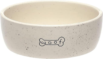 Pearhead Ceramic Pet Bowl 3-Cup Capacity Durable Speckled Dish with Woof Graphic Food Water Feeder for Small Medium Dogs