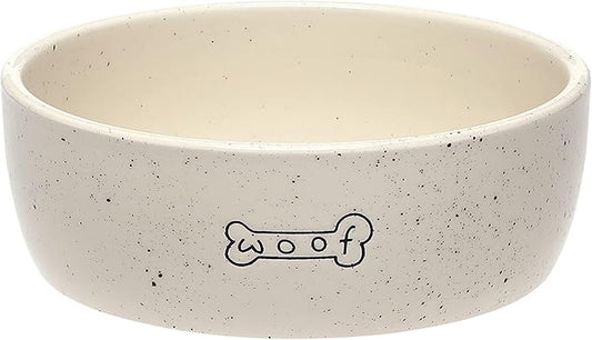 Pearhead Ceramic Pet Bowl 3-Cup Capacity Durable Speckled Dish with Woof Graphic Food Water Feeder for Small Medium Dogs