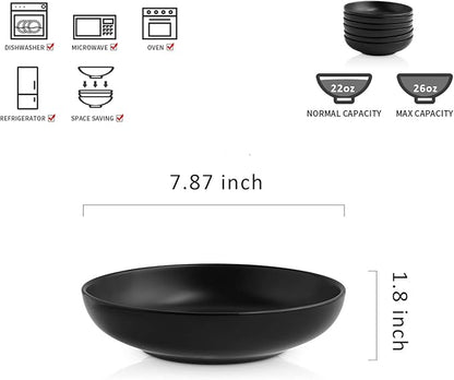 Selamica Ceramic 7.8 inch pasta bowls, 26 Ounce large serving porcelain salad soup bowls, dishwasher microwave safe, set of 6 (Black)