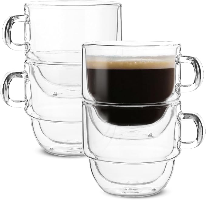 BTaT- Double Walled Stackable Glass Coffee Mugs, 16 oz, Glass Coffee Cups by BrewToATea