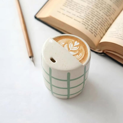 Ceramic Coffee Mug with Sip Hole 10 oz Novelty Checkered Coffee Cup Retro Hand - Image 5