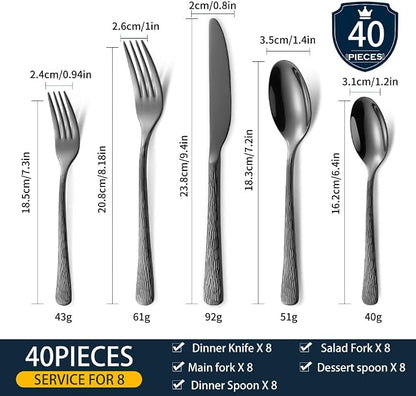 Hammered Black Silverware Set, Flatware Set, 18/10 Stainless Steel Premium - Image 3