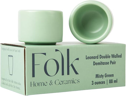 Folk Ceramics Leonard Ceramic Espresso Cups, Misty Green, Double Walled by FolkCeramics