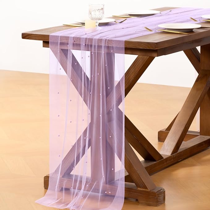 Pearl Table Runner Summer Tulle Gauze Sheer Wedding Party Home Decor | Lilac - Image 4
