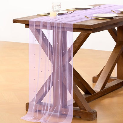 Pearl Table Runner Summer Tulle Gauze Sheer Wedding Party Home Decor | Lilac - Image 4