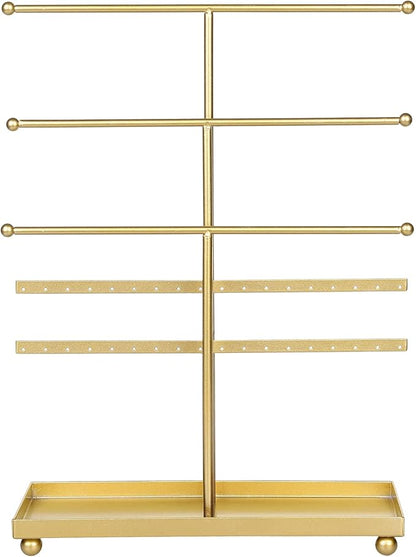MyGift 5-Tier Gold Metal Jewelry Organizer Stand with Earring Hooks & Ring Tray - T-Bar for Tangle-Free Necklace Bracelet Display - Home Store Boutique (16.25" H)