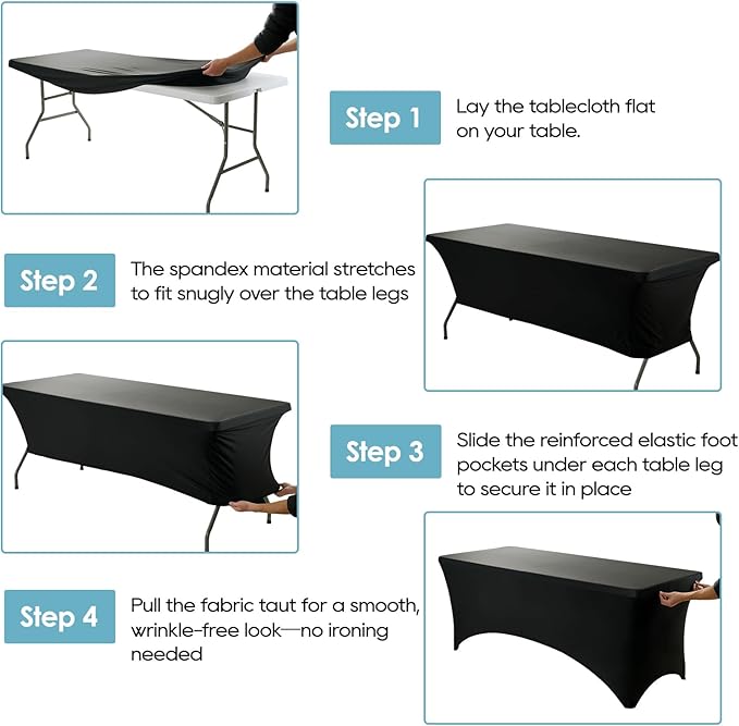 VidaFete Spandex Tablecloth 6 Pack 6FT, Fitted Stretch Table Cover for Rectangle Tables, Wrinkle Resistant and Washable Tablecloths for Outdoor, Picnic, Party, Wedding, Banquet, Birthday, Black