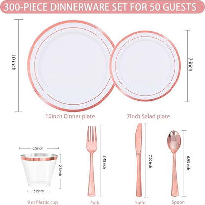 WELLIFE 300 PCS Rose Gold Dinnerware Set for 50 Guests, Valentine's Day Plate, 50 Dinner & Salad Plates,Cups, Forks Knives Spoons for Wedding Reception and Mothers Day Plates