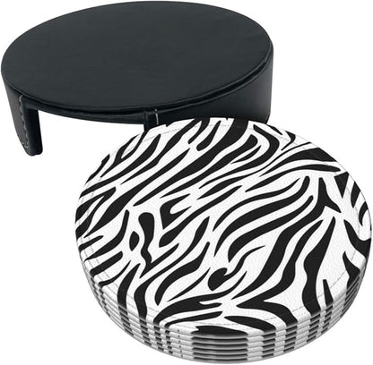 Drink Coasters with Holder Stand Set of 6, Zebra Stripes Print Pu Leather - Image 9