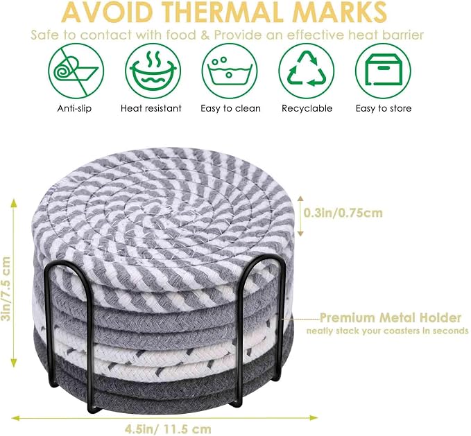 Drink Coasters 8 Pack with Holder, 4-Color Cotton Woven Absorbent Coasters Set - Image 3