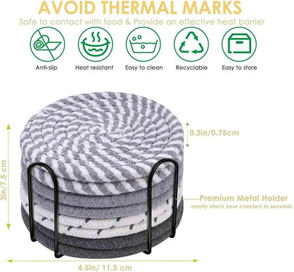 Drink Coasters 8 Pack with Holder, 4-Color Cotton Woven Absorbent Coasters Set - Image 3
