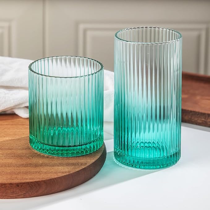 Ribbed Drinking Glasses 8pcs, 12oz and 10oz Glassware, Tumbler Glasses Cup Set by Lumkit