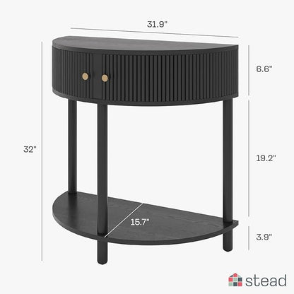 Entryway Table Fluted Half Moon Console - Semicircular, Black Oak Veneer - Hidden Storage with Two Fluted Doors & Brass Knobs - Modern Narrow Console Table for Living Room & Hallway
