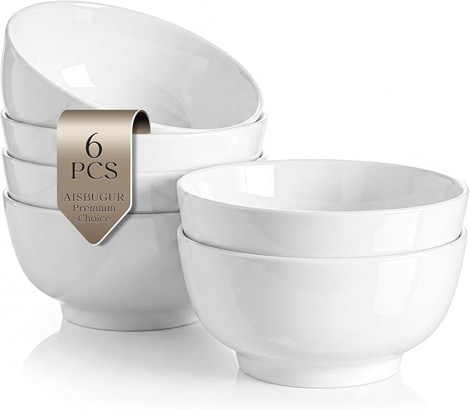 Porcelain Soup Bowls Set of 6, 26 oz Deep Cereal Bowls by AISBUGUR