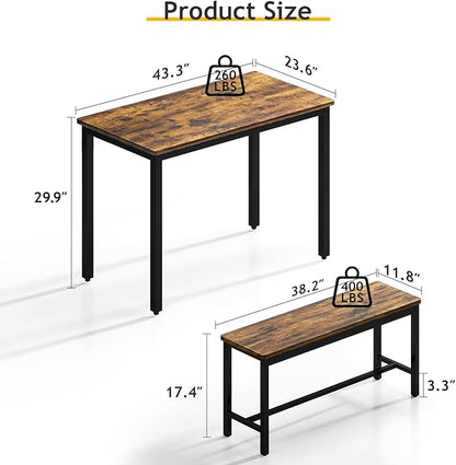 Rovibek 43" Dining Table Set for 4, Modern Space Saving Kitchen Breakfast Table with Benches & Adjustable Feet, Wooden Industrial Style Farmhouse, Wood Tone