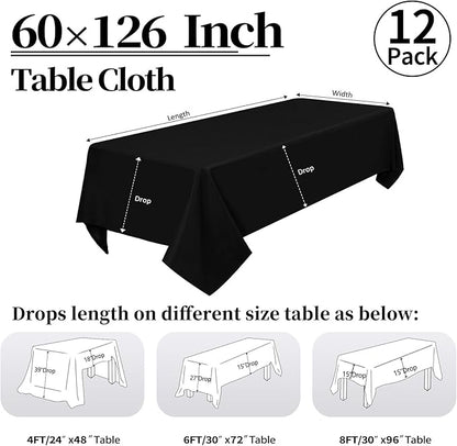 12 Pack Black Tablecloth 60 x 126 Inch Rectangular Table Cloth for 8 Foot Rectangle Tables, Wrinkle Resistant Washable Polyester Fabric Table Covers for Wedding Party Banquet Buffet