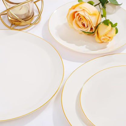 Nervure 100Pcs Ivory and Gold Plastic Plates - 10.25inch Disposable Ivory Dinner Plates - Heavy Duty Plastic Plate Ideal for Wedding & Party