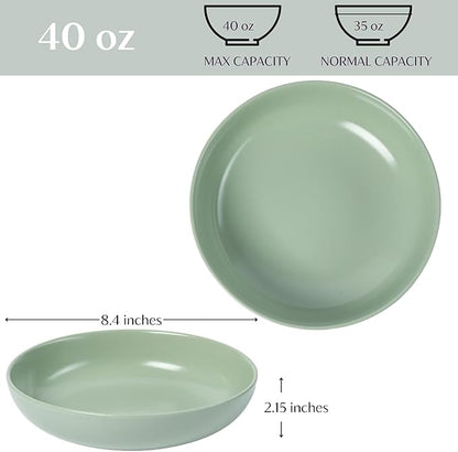 Ceramic Pasta Bowls Set of 4 – 40oz Extra Large Dinner Bowls, Deep Plates Salad Bowl for Eating, Pasta Plates, Stoneware Shallow Bowl Plate Set, Dishwasher & Microwave Safe - Green