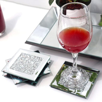 GIMORRTO Glass Mirrored Coaster 4 PC, Crushed Diamond Square Cup Mat 4" Decor by GIMORRTO