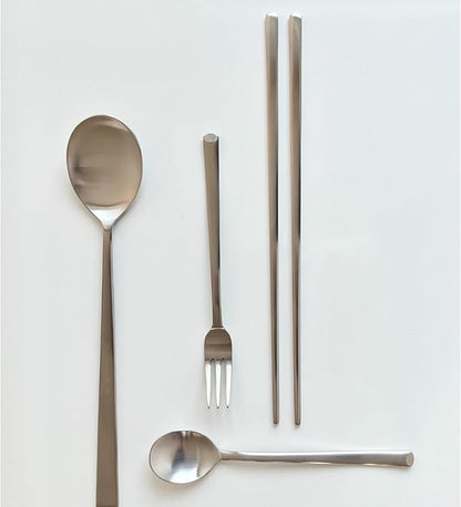 Korean Made Stainless Steel Silver Utensil Flatware Cutlery Korean Chopsticks and Spoon Set Tea Spoon and Tea Fork Set, 4SET Stocking Stuffer Gift for Mom Stocking Stuffer
