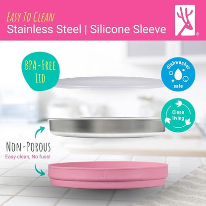 Elk and Friends Stainless Steel Divided Plates with Normal Sleeve for Babies & Toddlers | Lids Included Dinner & Snack Plates | 4 Pack