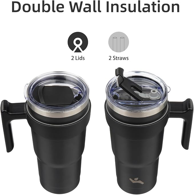 Konokyo 20 oz Tumbler with Handle and Straw, Insulated Travel Mug | Black; - Image 3