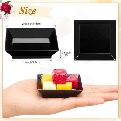 200 Pieces Mini Square Dessert Plates 2.5 x 2.5 Inch Disposable Appetizer Plates Small Clear Plastic Dish for Dessert Salad Appetizer Sauces Tastings Cake Wedding Party Serving (Black)