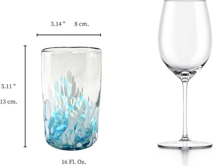 MAREY Hand Blown Drinking Glasses Artisan Crafted from Mexico Set of 6 pieces (Sky Confetti, Water 16 Oz.)