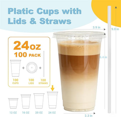 24 oz 100 Pack Disposable Clear Plastic Cups with Lids and Straws, Food Safe Bulk Iced Coffee Cups for Smoothies, Milkshakes and Other Cold Drinks