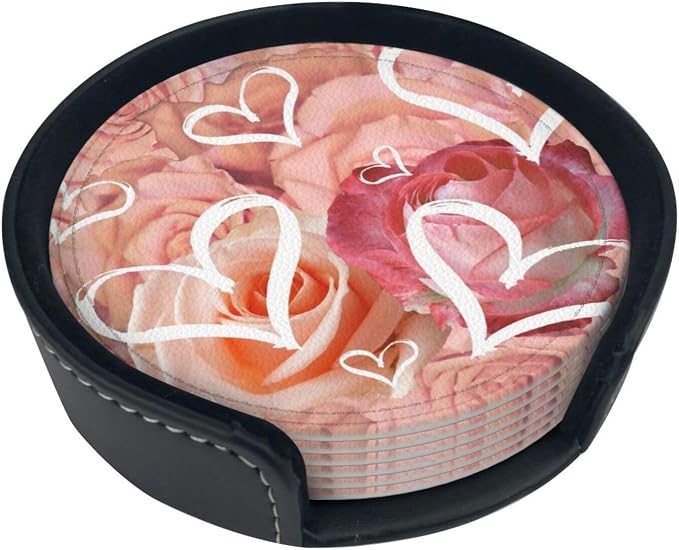 Drink Coasters with Holder Stand Set of 6, Heart Pink Rose Flower Pu Leather - Image 6